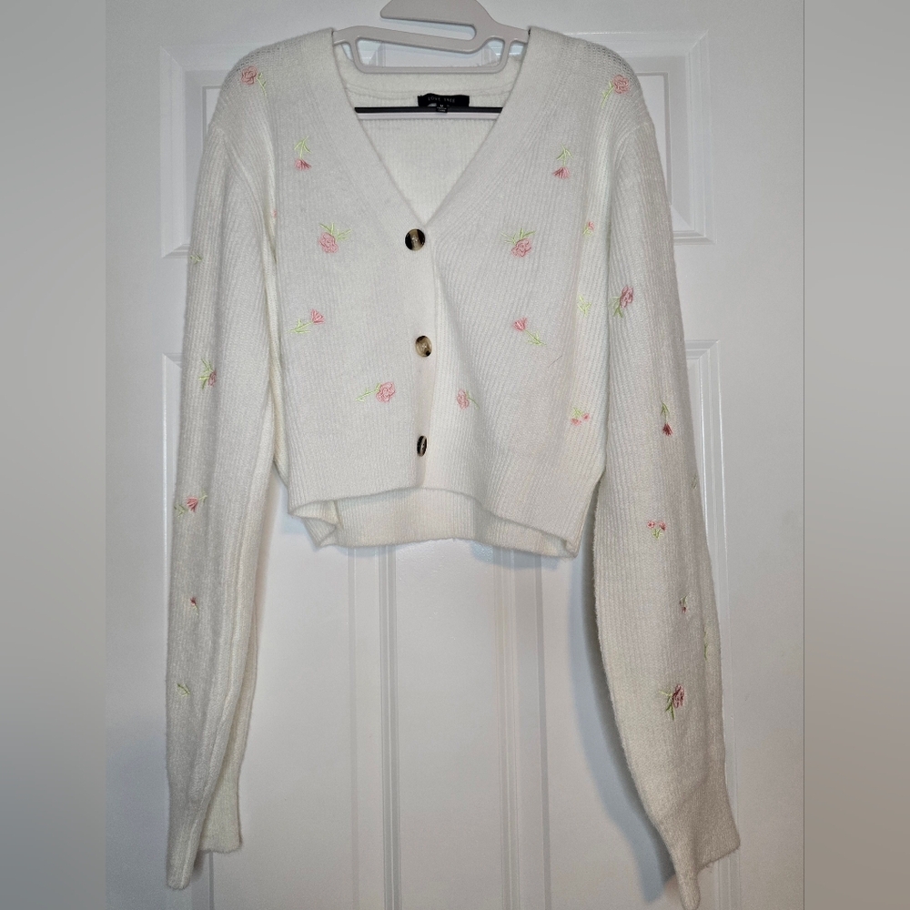 Love Tree white cropped cardigan with pink flowers. Size Medium.